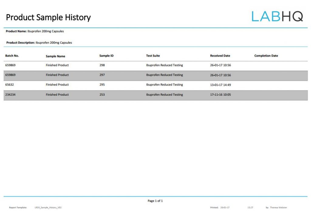 Product Sample History Report